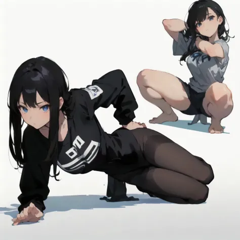 Anime girl dressed in black doing push-ups on a skateboard, A beautiful anime girl is crouching, 最もStrong pose, Mr.々 Poses , Anime Pose, Amane Kanata, Artgerm and Atey Ghailan ,  modern anime style , Various bending poses, cool pose, FEMALE ACTION ANIME GI...