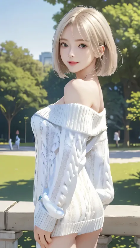 Non-NSFW、Genuine、(Top Quality), ( masterpiece)、 super high resolution 、RAW photo, (upper body), (in the park:1.5),  fantasy、look at the camera and put、alone、(Elemental Sylph:1.1), (cute:1.2), (:1.2), ( white sweater:1.5)、perfect model body, Waist-length lo...