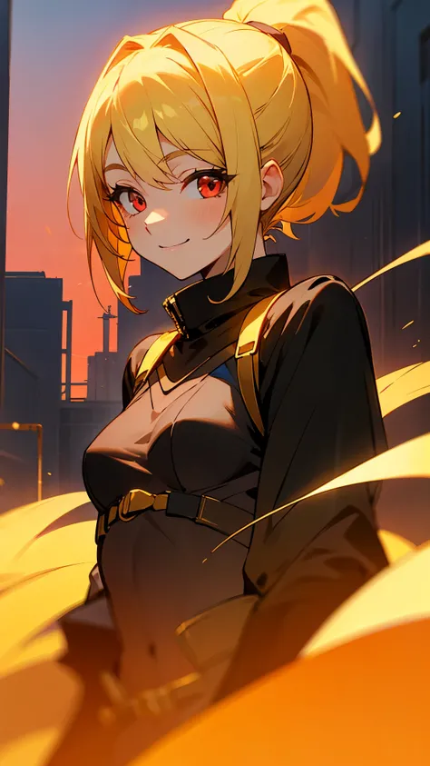 1 girl、small breasts、 black riders jacket、Yellow Hair、 beautiful red eyes 、ponytail、stupid hair、smile、terrace、 golden hour sky、upper body closeup、 sharp outline