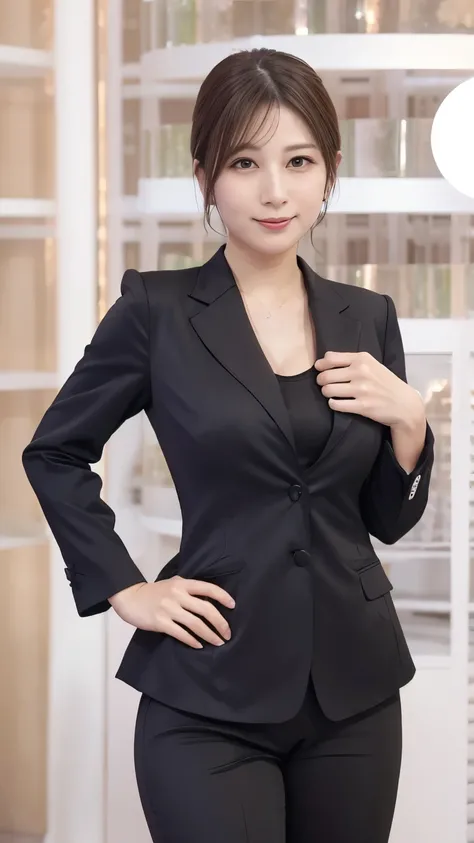  High-quality 8K photos、At the office、cute high school girl 、 black luxury office style suit、Black office style pantsuit、I don't wear a shirt、Never wear underwear 、is tall、slender model body type with low muscle mass、Gradation Dark Brown Hair、 Big Saggy Br...