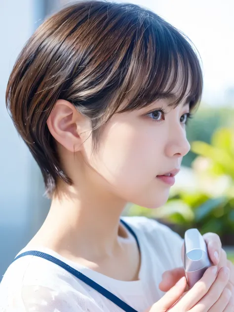 (((profile)))、(((earが見える髪style))),((short hair:1.46)),(((ear))),(((何もつけていないear))),(( Portrait with Space:1.4))、(( white clothes)),1 girl,大きなear、(simple white background:1.3)、((Very bright screen:1.4))、Ultra HD Shining Eyes、Japanese,28 years old,(Top Qualit...