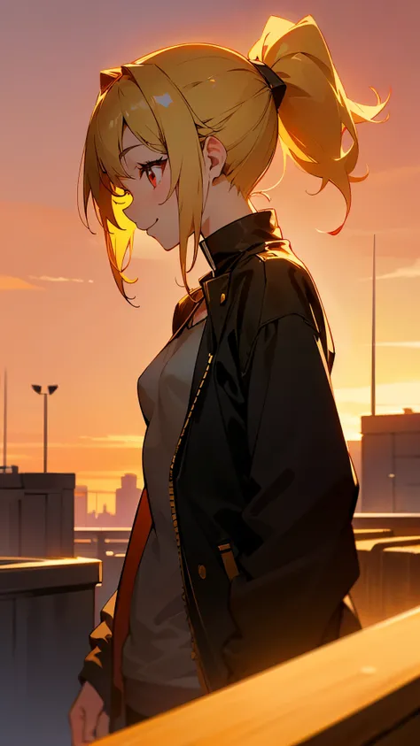 1 girl、small breasts、 black riders jacket、Yellow Hair、 beautiful red eyes 、ponytail、stupid hair、smile、terrace、 golden hour sky、profile、upper body closeup、 sharp outline