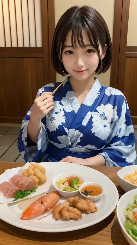 ((Top Quality)), ((masterpiece)), realistic images、Japanese Girl、 realistic image of the eye area 、petites、 ish expression、、10age、bob hair、 black hair、 slim、 ish expression、Real Face、petites、My bust isn't swollen、Yukata、My bust isn't swollen、The bust is no...