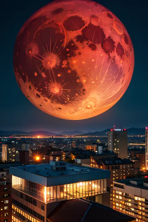 Create large red moon in the background view from the top of a building