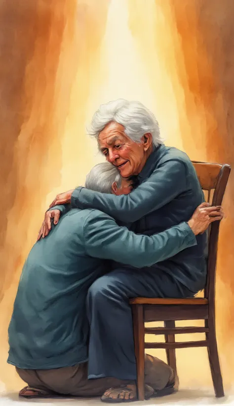 watercolor painting of a kneeling man crying in the embrace of a very old woman. a man kneeling sad, crying , crying ออกมา. The old woman is sitting on a chair., warm smile, hugging a man kneeling. a full picture of two people. a warm light surrounds t...