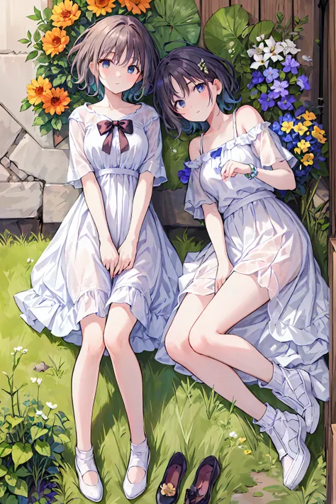 (Top Quality,4K,High Resolution,masterpiece:1.2),very well detailed,realistic:1.37,,(full body, I can see my feet and shoes : 1.2),、 anime style on the face、story、beautiful、very cuteangel、Cream colored dress、cute、、Pure、I love long skirts、 delicate facial f...