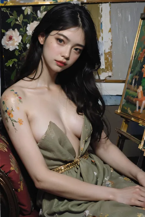 (oil painting:1.5),
\\
a woman with (long curtly hair ), ((green eyes)) is lie on the ground, peony, (amy sol:0.248), nude , with  dress,  (stanley artgerm lau:0.106), (a detailed painting:0.353), (gothic art:0.106)