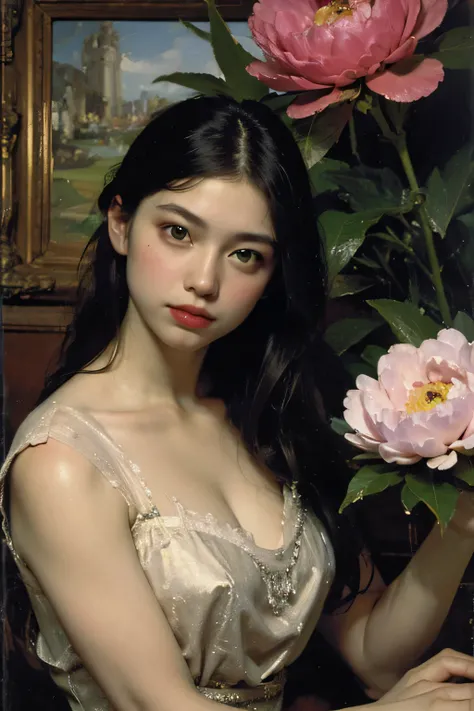 (oil painting:1.5),
\\
a woman with (long curtly hair ), ((green eyes)) is lie on the ground, peony, (amy sol:0.248), with  dress,  (stanley artgerm lau:0.106), (a detailed painting:0.353), (gothic art:0.106)