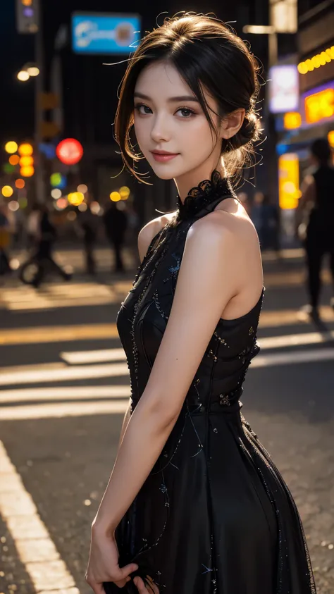 8K, UHD, Masterpiece, extreme quality, 1 girl, good face, detailed eyes, very long hair, detailed lips, small breasts, detailed empress fantasy dress, ((black thread dress)), ((thread black dress:1.4)), lace, (bare one shoulder:1.5), flowing sardine, beaut...