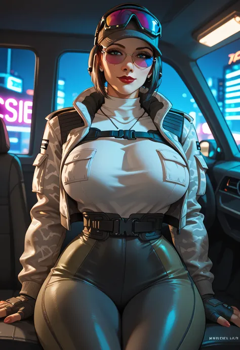  result_7_higher,  result_8_higher,  result_9, break , , \(Rainbow Six Siege\),  elite \(Rainbow Six Siege\), result_9,  result_8_higher,  result_7_higher,  result_6_higher, One Girl, sits inside a, car. Cyberpunk clothes, colorful clothes, jacket,  sungla...