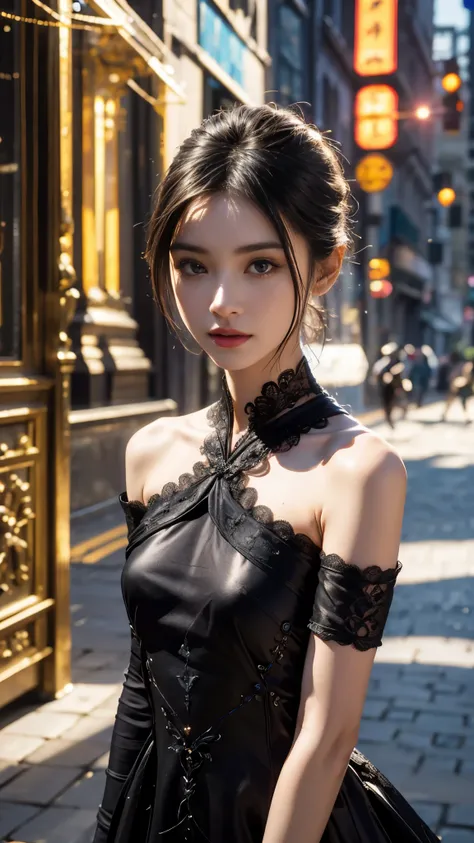 8K, UHD, Masterpiece, extreme quality, 1 girl, good face, detailed eyes, very long hair, detailed lips, small breasts, detailed empress fantasy dress, ((black thread dress)), ((thread black dress:1.4)), lace, (bare one shoulder:1.5), flowing sardine, beaut...