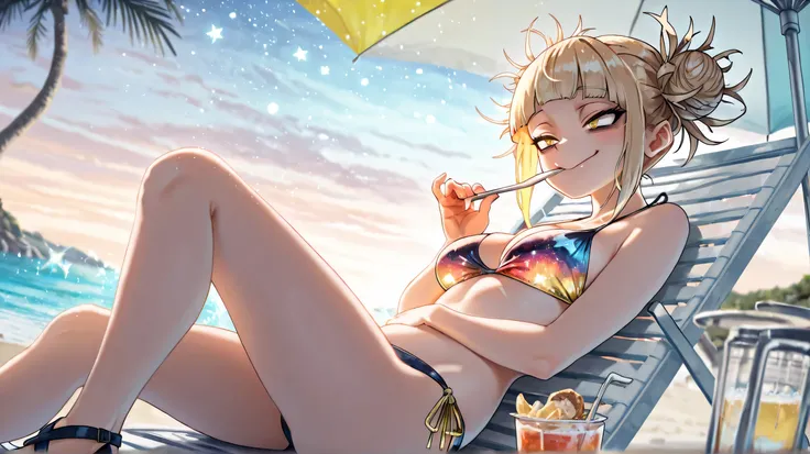 ((detailed eyes)),((correct_anatomy)), soro, Toga_Himiko, yellow_eyes, blonde_hair, double_bun, slit_pupils, messy_hair, medium_hair, sidelocks, medium_breasts:1.3, smile, swimsuit, bikini, sandals, eating, relaxtime, beach, beach chair, beach umbrella, ve...