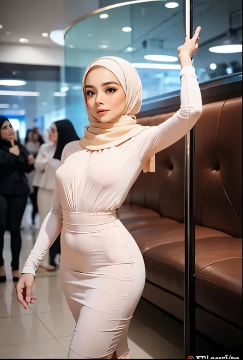 1 lady, 30 years old, hijabi, wearing tight long sleeve shirt, asian with big eyes and pale skin, fine wrinkles, walking shot, walking in fashion runway, tight peach shirt, (big breast 1.8), petite slim body, slim skinny, legging follow body shape , wearin...