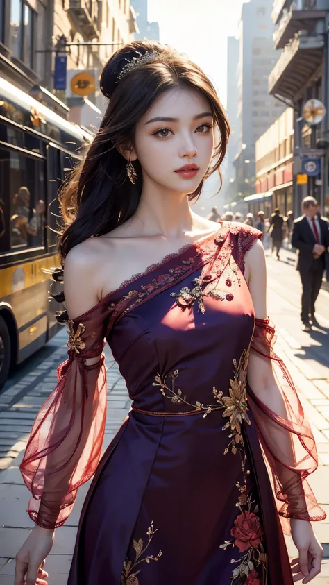 8K, UHD, Masterpiece, extreme quality, 1 girl, good face, detailed eyes, very long hair, detailed lips, small breasts, detailed empress fantasy dress, ((red thread dress)), ((thread dress:1.4)), lace, (bare one shoulder:1.5), flowing sardine, beautiful fan...