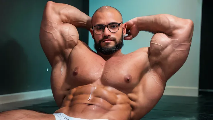 (((no hair)))，bald，(((A 18-year-old handsome Muscular bodybuilder with full beard on a black floor))), blush，(((Wear black frame glasses，Painful expression)))，Armpit Hair，Sweaty，(((Occluded，Sprinkling，White，Whitecum，Transparent Thong)))，very handsome, Perf...