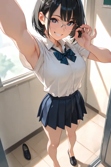 masterpiece, 8k, school, shoes, bare feet, soles, bob hair, black hair, high school uniform, glasses, (standing:1.5), 1girl, armpits, thin chests, medium breasts, close-up face, Dynamism, unrealistic beauty, enchanting eyes, perfect face, clear darkened ey...