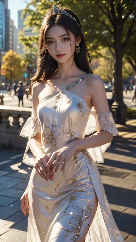 8K, UHD, Masterpiece, extreme quality, 1 girl, good face, detailed eyes, very long hair, detailed lips, small breasts, detailed empress fantasy dress, ((white thread dress)), ((thread dress:1.4)), lace, (bare one shoulder:1.5), flowing sardine, beautiful f...