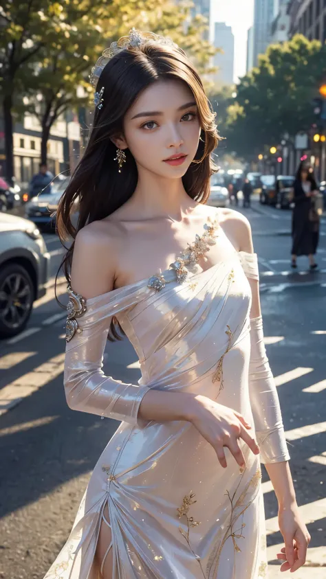 8K, UHD, Masterpiece, extreme quality, 1 girl, good face, detailed eyes, very long hair, detailed lips, small breasts, detailed empress fantasy dress, ((white thread dress)), ((thread dress:1.4)), lace, (bare one shoulder:1.5), flowing sardine, beautiful f...