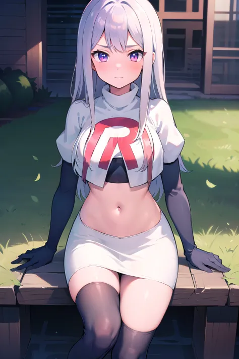 masterpiece, 8k wallpaper, best quality, 1girl, MejiroMcQueen, blush, looking at the viewer, grass, team rocket,team rocket uniform,white skirt,red letter R,crop top,black thigh-highs,black elbow gloves