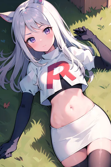 masterpiece, 8k wallpaper, best quality, 1girl, MejiroMcQueen, blush, looking at the viewer, grass, team rocket,team rocket uniform,white skirt,red letter R,crop top,black thigh-highs,black elbow gloves