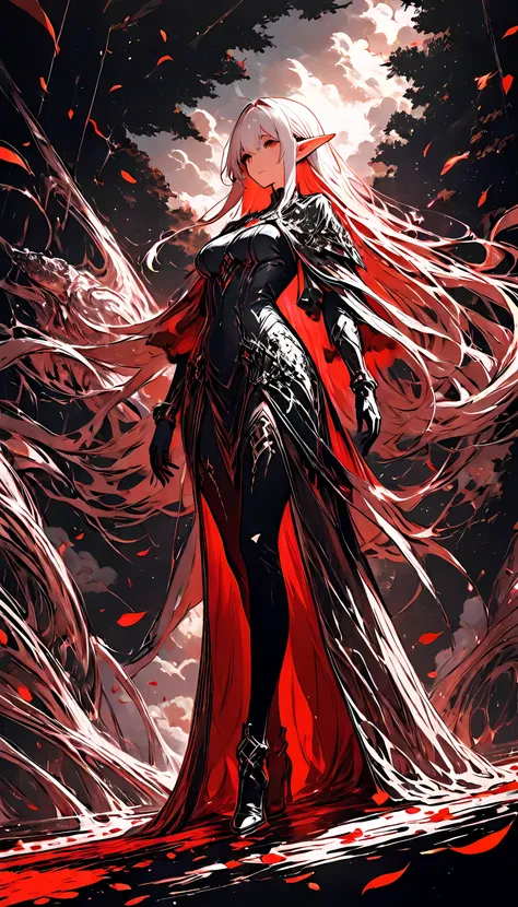 anime comic picture, fantasy art, masterpiece, high score, great score, absurdres, red petals falling from the sky on a beautiful female elf, standing in forest, cloud of red petals swirling around the ice statue, full body, beautiful elf, long icy hair st...