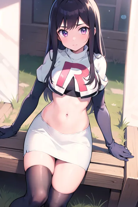 masterpiece, 8k wallpaper, best quality, 1girl, MejiroMcQueen, blush, looking at the viewer, grass, team rocket,team rocket uniform,white skirt,red letter R,crop top,black thigh-highs,black elbow gloves