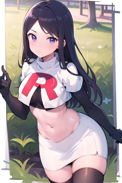 masterpiece, 8k wallpaper, best quality, 1girl, MejiroMcQueen, blush, looking at the viewer, grass, team rocket,team rocket uniform,white skirt,red letter R,crop top,black thigh-highs,black elbow gloves