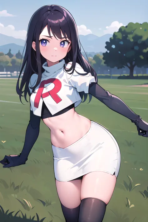 masterpiece, 8k wallpaper, best quality, 1girl, MejiroMcQueen, blush, looking at the viewer, grass, team rocket,team rocket uniform,white skirt,red letter R,crop top,black thigh-highs,black elbow gloves