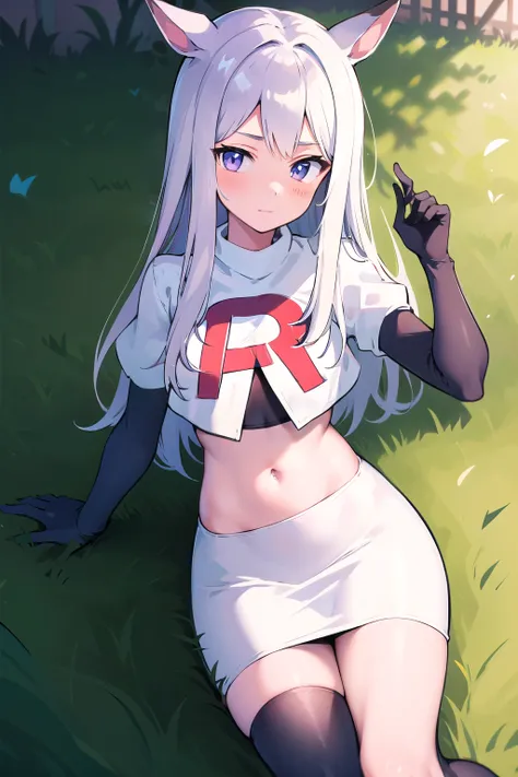 masterpiece, 8k wallpaper, best quality, 1girl, MejiroMcQueen, blush, looking at the viewer, grass, team rocket,team rocket uniform,white skirt,red letter R,crop top,black thigh-highs,black elbow gloves