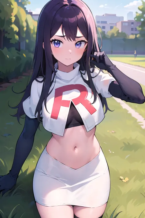 masterpiece, 8k wallpaper, best quality, 1girl, MejiroMcQueen, blush, looking at the viewer, grass, team rocket,team rocket uniform,white skirt,red letter R,crop top,black thigh-highs,black elbow gloves