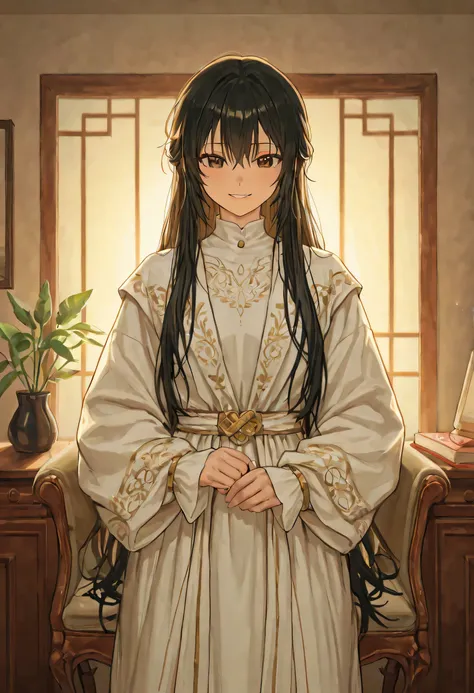 Create a 2D anime-style character with long, flowing black hair that falls smoothly around her face, framing her sharp features. Her eyes are soft brown, warm and inviting, radiating a sense of kindness and care. Her hairstyle is loose and natural, with so...