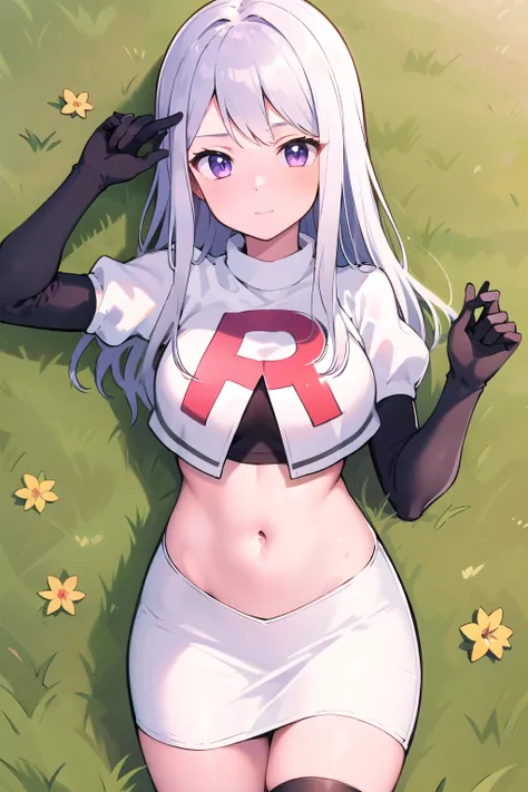 masterpiece, 8k wallpaper, best quality, 1girl, MejiroMcQueen, blush, looking at the viewer, grass, team rocket,team rocket uniform,white skirt,red letter R,crop top,black thigh-highs,black elbow gloves