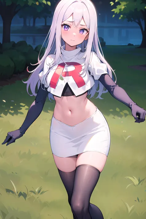 masterpiece, 8k wallpaper, best quality, 1girl, MejiroMcQueen, blush, looking at the viewer, grass, team rocket,team rocket uniform,white skirt,red letter R,crop top,black thigh-highs,black elbow gloves