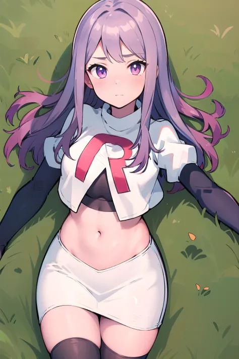 masterpiece, 8k wallpaper, best quality, 1girl, MejiroMcQueen, blush, looking at the viewer, grass, team rocket,team rocket uniform,white skirt,red letter R,crop top,black thigh-highs,black elbow gloves