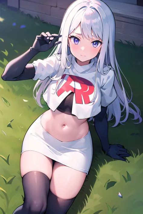 masterpiece, 8k wallpaper, best quality, 1girl, MejiroMcQueen, blush, looking at the viewer, grass, team rocket,team rocket uniform,white skirt,red letter R,crop top,black thigh-highs,black elbow gloves