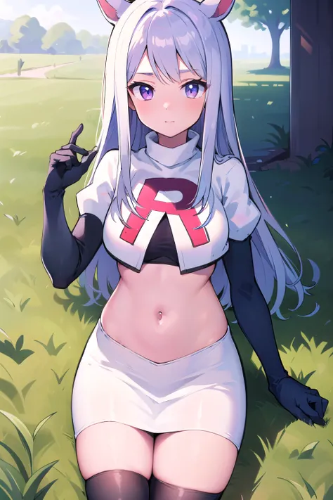 masterpiece, 8k wallpaper, best quality, 1girl, MejiroMcQueen, blush, looking at the viewer, grass, team rocket,team rocket uniform,white skirt,red letter R,crop top,black thigh-highs,black elbow gloves