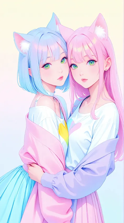 random hot and busty japanese girls, nekos, pastel color palette,