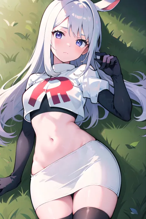 masterpiece, 8k wallpaper, best quality, 1girl, MejiroMcQueen, blush, looking at the viewer, grass, team rocket,team rocket uniform,white skirt,red letter R,crop top,black thigh-highs,black elbow gloves