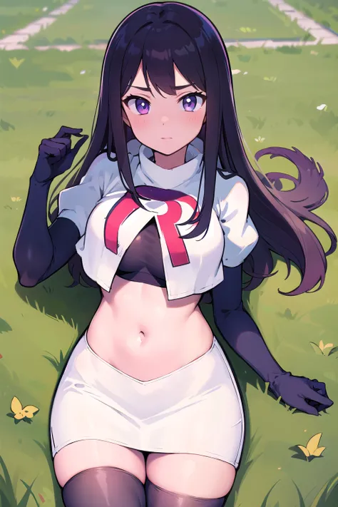 masterpiece, 8k wallpaper, best quality, 1girl, MejiroMcQueen, blush, looking at the viewer, grass, team rocket,team rocket uniform,white skirt,red letter R,crop top,black thigh-highs,black elbow gloves