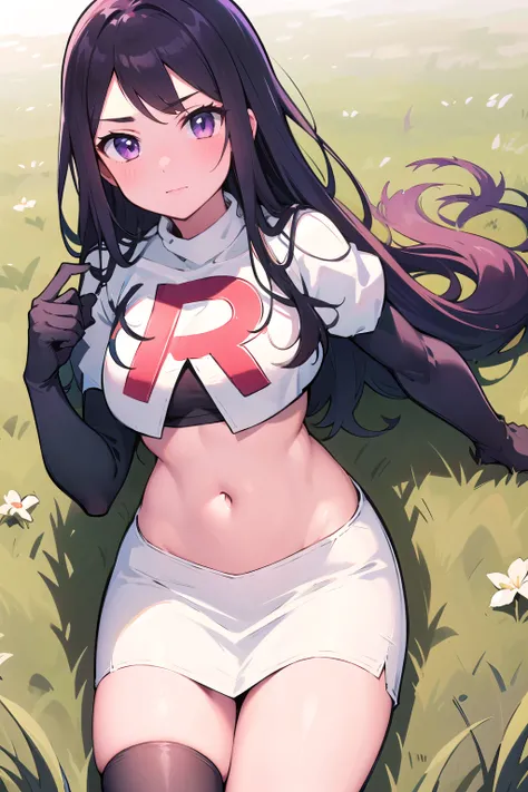 masterpiece, 8k wallpaper, best quality, 1girl, MejiroMcQueen, blush, looking at the viewer, grass, team rocket,team rocket uniform,white skirt,red letter R,crop top,black thigh-highs,black elbow gloves
