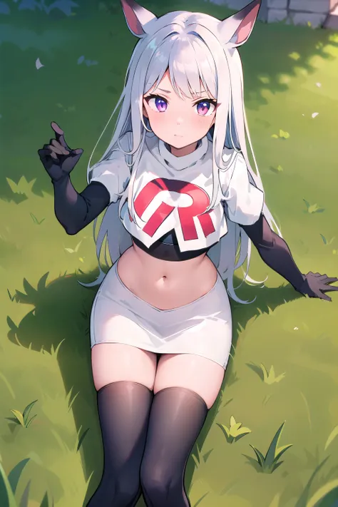 masterpiece, 8k wallpaper, best quality, 1girl, MejiroMcQueen, blush, looking at the viewer, grass, team rocket,team rocket uniform,white skirt,red letter R,crop top,black thigh-highs,black elbow gloves