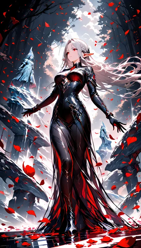 masterpiece, high score, great score, absurdres, anime comic picture, fantasy art, red petals falling from the sky on a beautiful female elf, standing in forest, cloud of red petals swirling around the ice statue, full body, beautiful elf, long icy hair st...