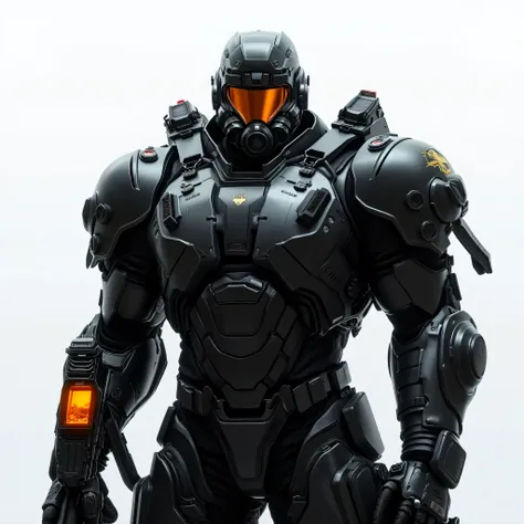 Futuristic senior officers in matt black ballistic armor (with light scuffs and scratches), tactical helmet with a gas mask and night vision NVs (night vision goggles) and an unobtrusive military hawk logo, He holds a massive futuristic gun with a bright o...