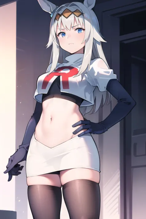 masterpiece, best quality,
oguri cap \(umamusume\), light ray,
navel, team rocket,team rocket uniform,white skirt,red letter R,crop top,black thigh-highs,black elbow gloves