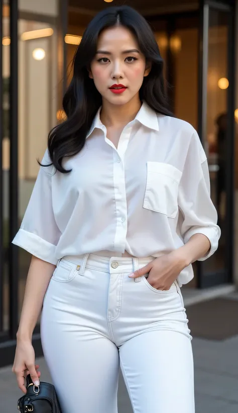 an office lady, standing in front of the office, using a white oversize casual shirt,  using long denim pants in white, big boobs,  slim waist, red lips