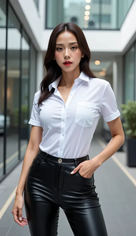 an office lady, standing in front of the office, using a white casual shirt, using tight latex pants white big boobs, slim waist, red lips