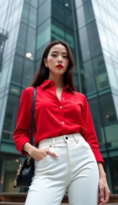 an office lady, standing in front of the office, using a red oversize long casual shirt, using long denim pants in white, big boobs, slim waist, red lips
