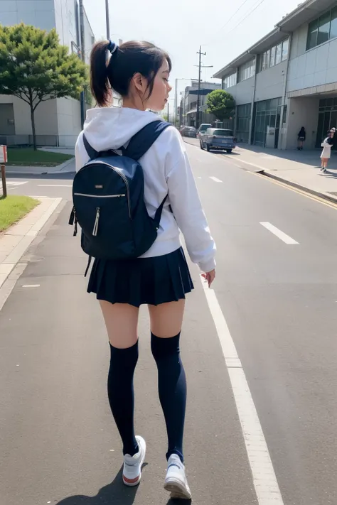 The city of Japan in 1980,(( female elementary school student walking)),Angle from the front,showing the whole body,((水色のFlared mini skirt))white ruffle skirt,((navy blue knee-high socks)),navy blue hoodie,sneakers, black hair,half up ponytail, beautiful f...