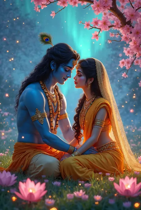 highly detailed, realistic digital painting of Radha and Krishna sitting together on lush green grass, surrounded by blooming pink cherry blossoms under a magical night sky. They gaze deeply into each other's eyes with a romantic and serene expression. Kri...