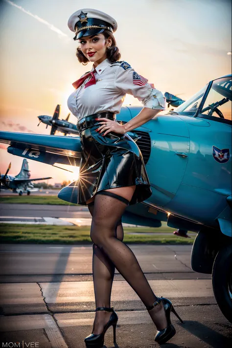 (rearview: 1.2), ((full supermodel body)). Digital illustration of a glamorous young woman from the U.S. Air Force posed in a classic pinup style on an airport tarmac. She’s perched playfully on the wing of a vintage fighter plane, wearing a fitted blue Ai...